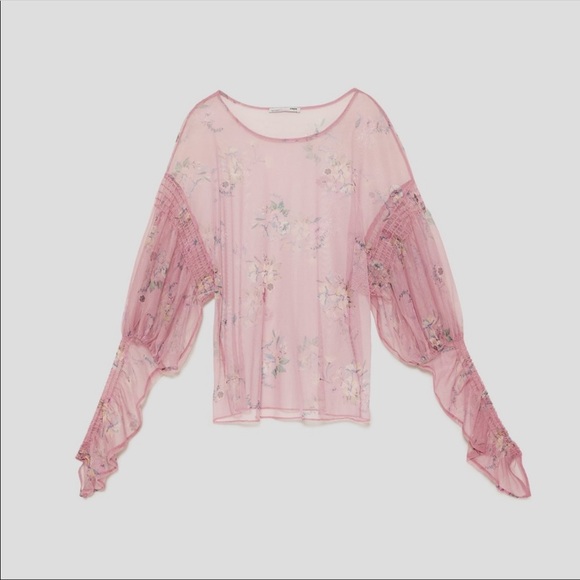 Zara printed floral sheer romantic love sleeve top - Picture 10 of 16